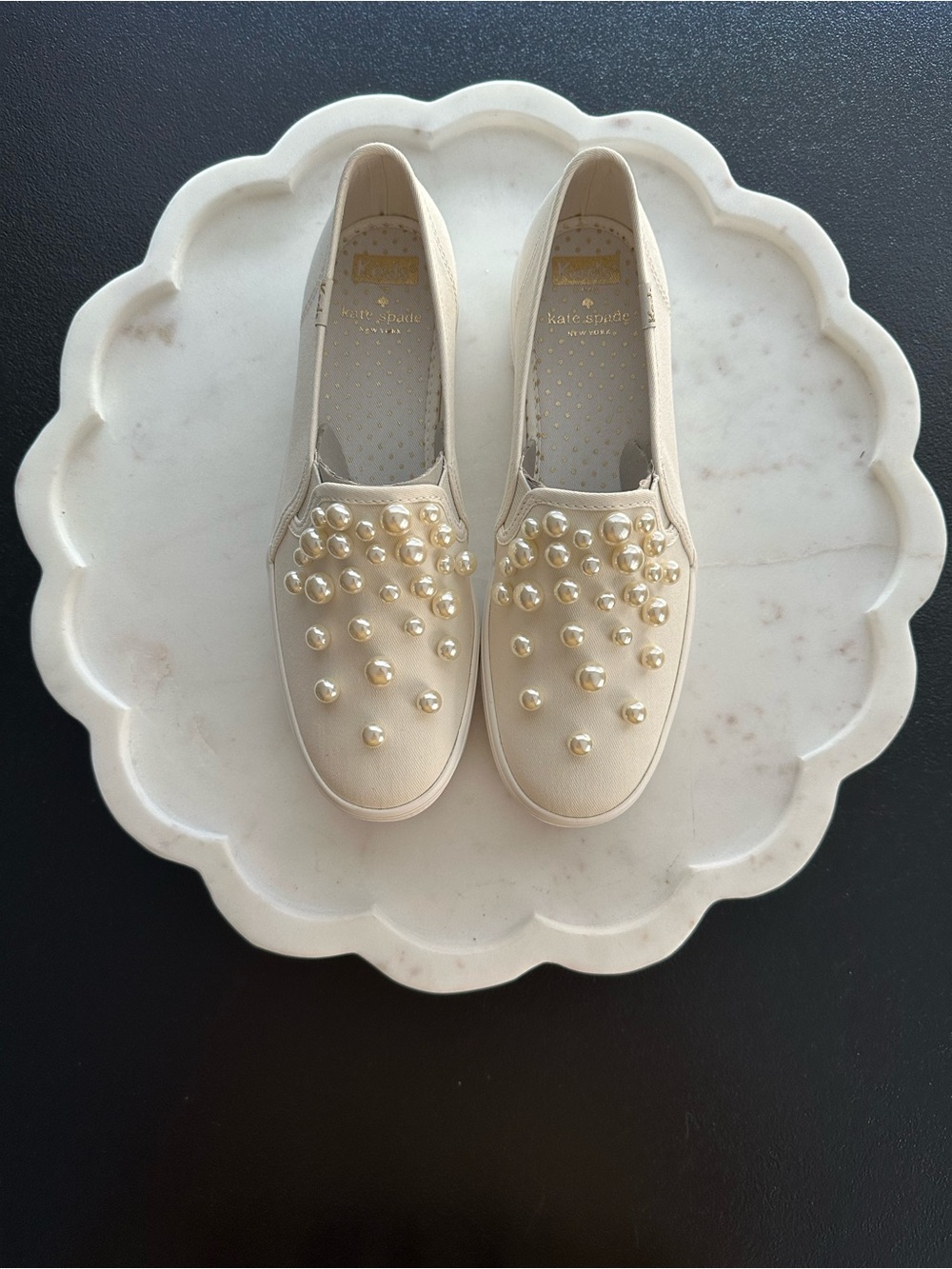 Women’s Triple Deck kate spade Ivory Pearl Embellished Slip On Sneakers Size 7.5